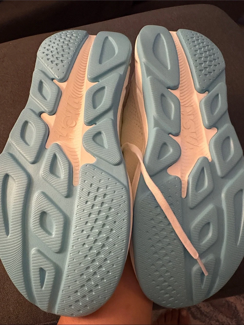 Hoka Women’s White & Aqua Running Sneakers with Gold Logo